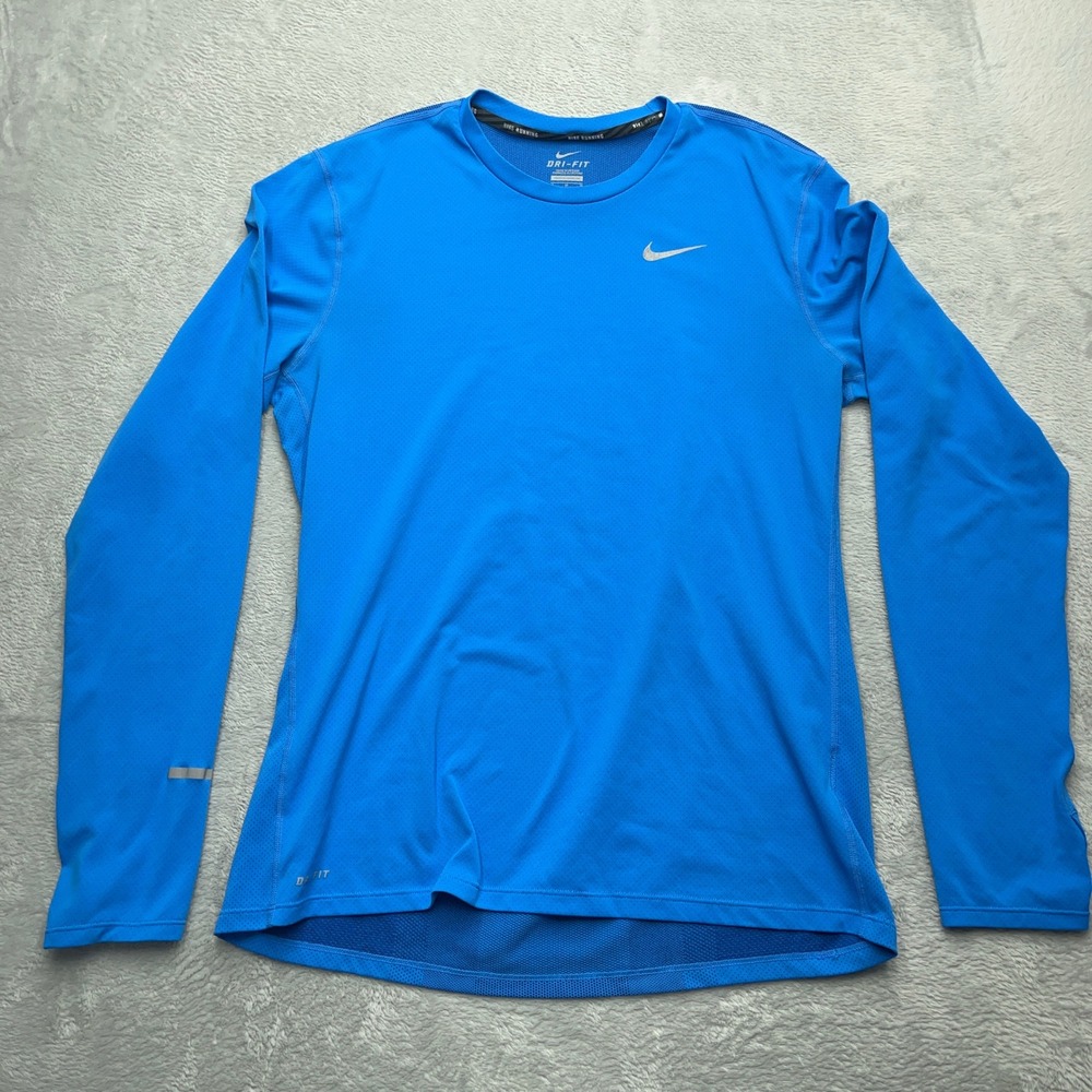 Nike Dri Fit Running Athletic Shirt Mens Medium Blue Stretch Fitted Swoosh Logo